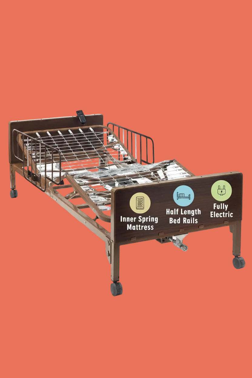Hospital bed with features labeled on a white background
