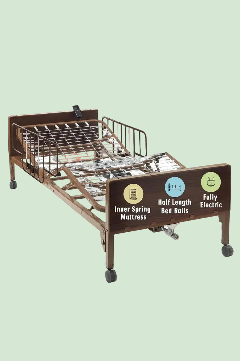 Hospital bed with features labeled on a white background