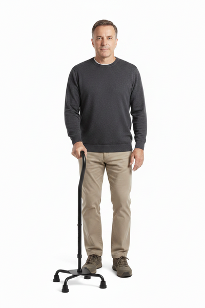 Quad Cane Large Base Black with Person Using Cane
