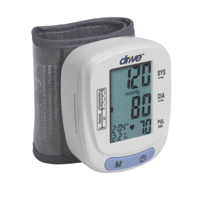 Drive automatic wrist blood pressure monitor with grey cuff, digital LCD display showing systolic, diastolic, and pulse readings — available at Must in Metro Vancouver
