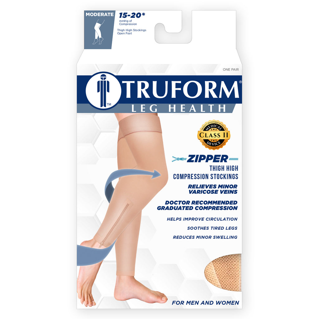 Truform 0678BG Thigh-High Compression Stockings for Women with Zipper, 15–20 mmHg, Beige – Circulation Support for Nurses, Running & Everyday Wear