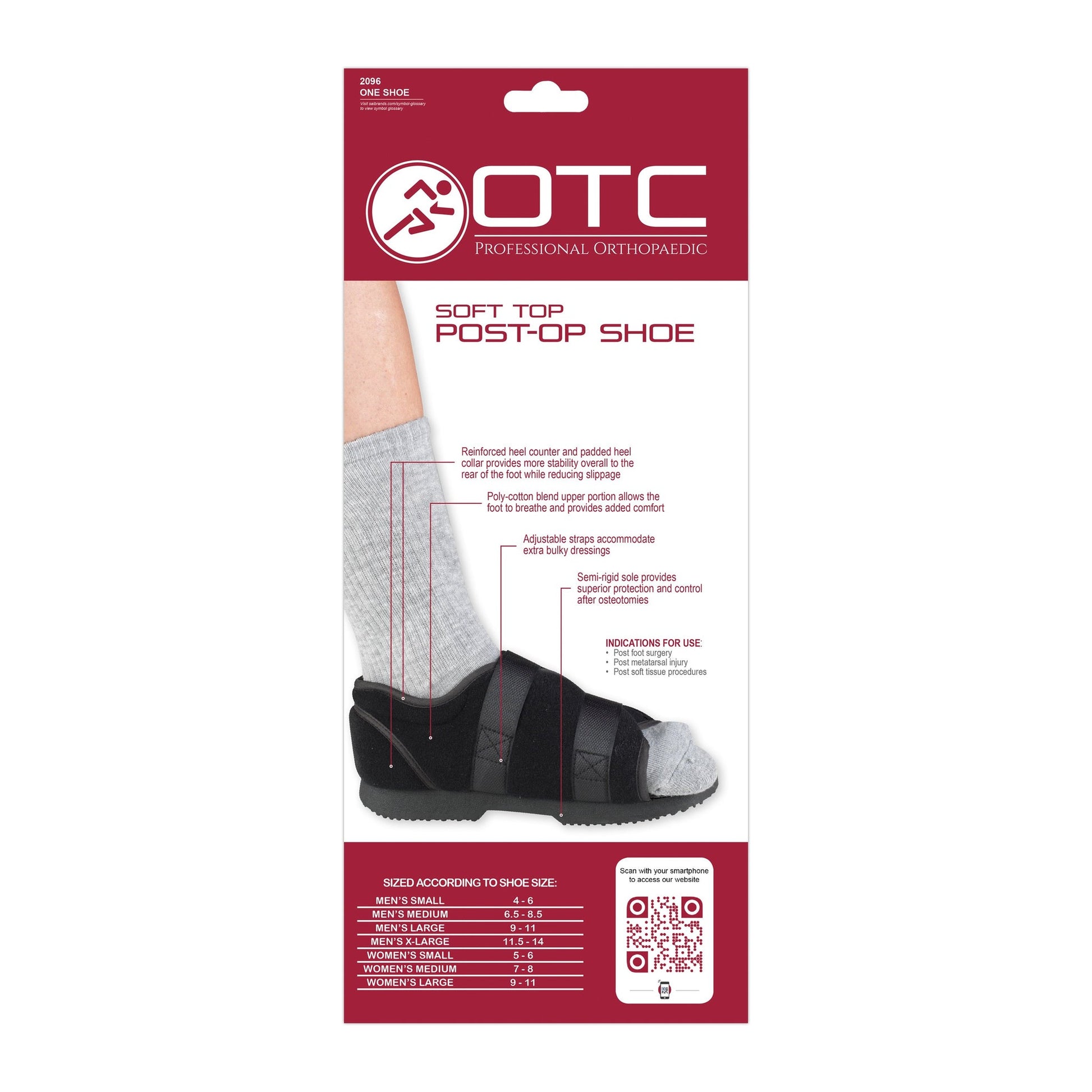 OTC 2096 soft top post-op shoe retail packaging, back with sizing information