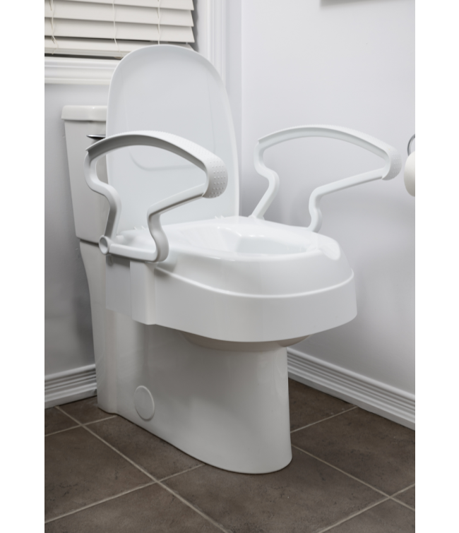 2" 4" 6" Raised Toilet Seat with Arms, Lid Open on Toilet