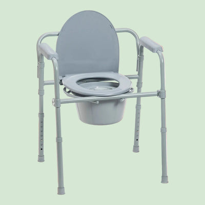 Gray commode chair with adjustable legs on a white background