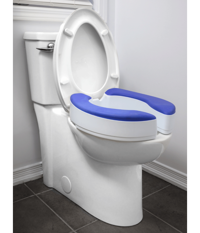 Raised toilet seat attached to toilet, shown from the side