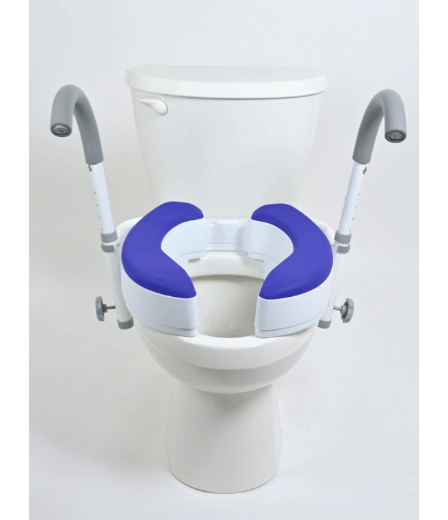 Raised toilet seat with adjustable armrests attached to toilet