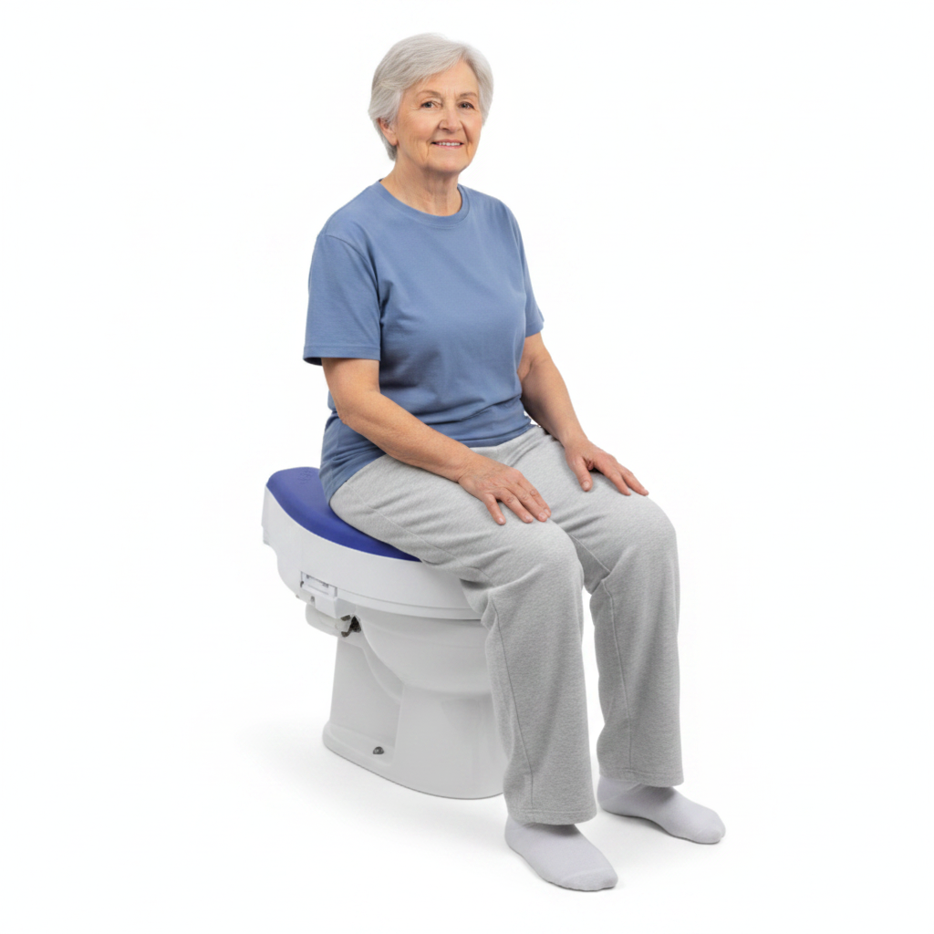 Raised toilet seat shown with a person seated on it for scale