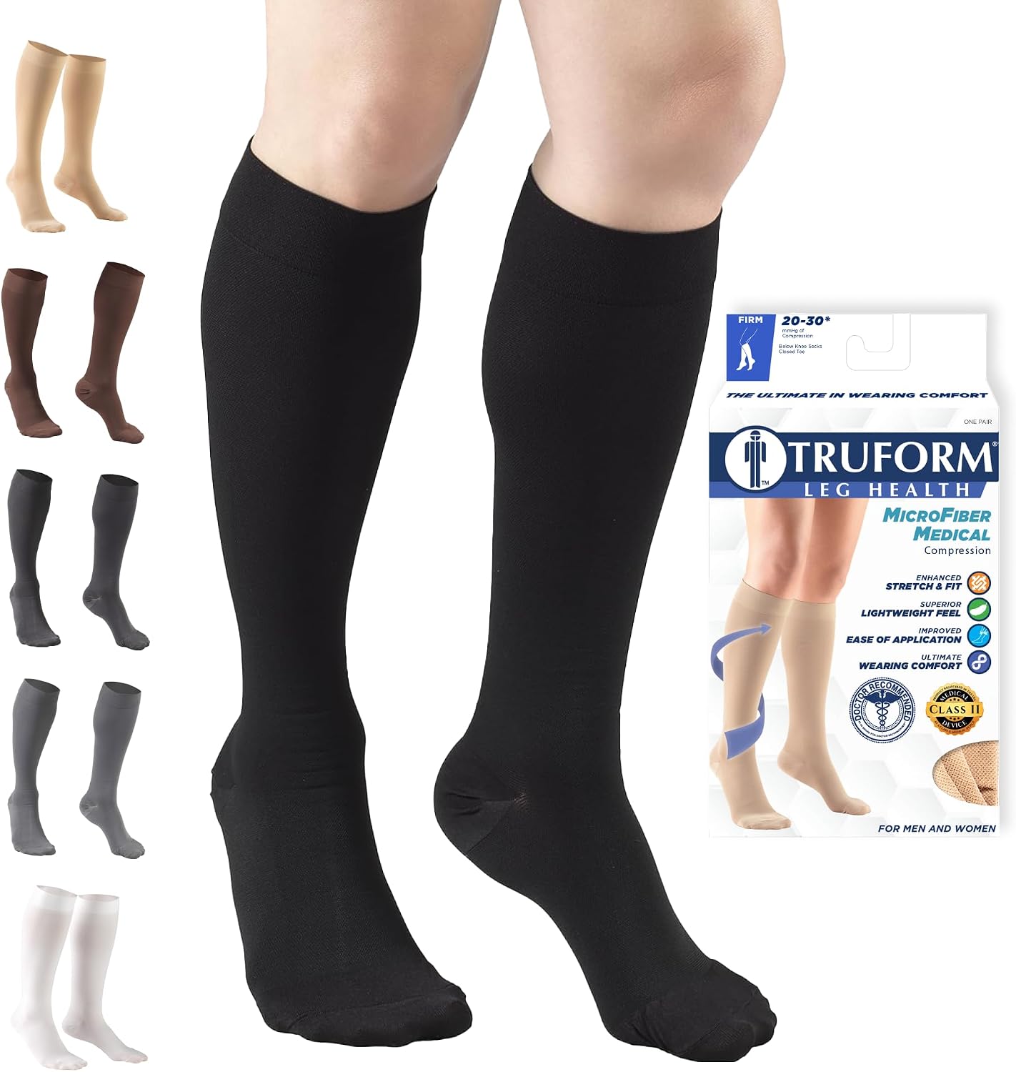 8865 Truform 20-30 mmHg Medical Compression Stockings, Microfiber, Knee High, Closed Toe