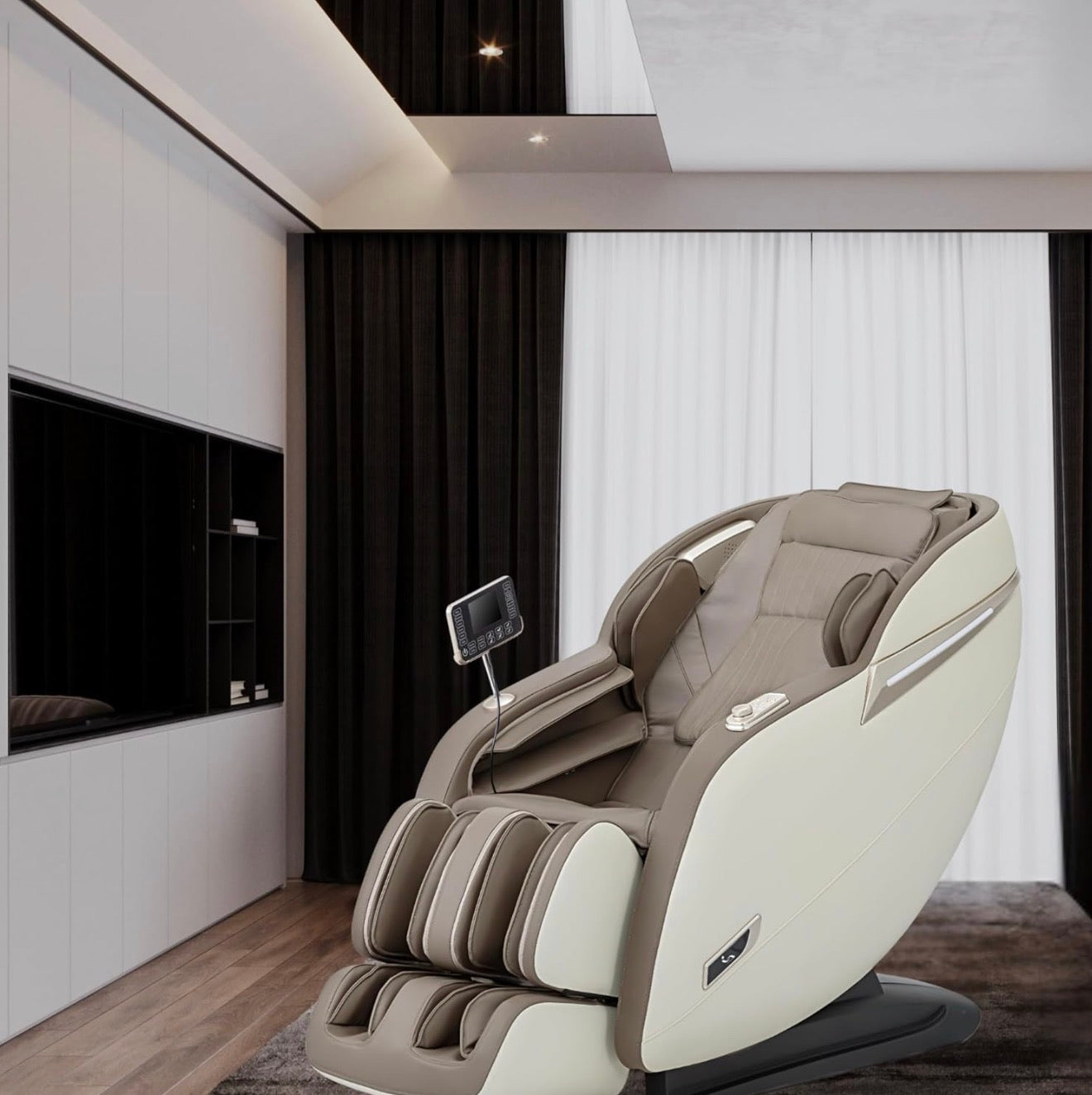 Full Body Massage Chair, 4D Zero Gravity Recliner with Yoga Stretch, SL Track, Airbags, Heating, Touch Screen & Foot Rollers ( Beige )