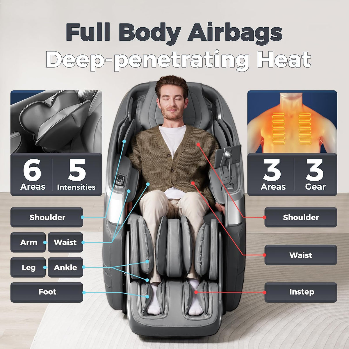 3D Massage Chair Full Body Recliner – Zero Gravity, Heat, SL-Track, Foot Rollers, 15 Modes, Grey