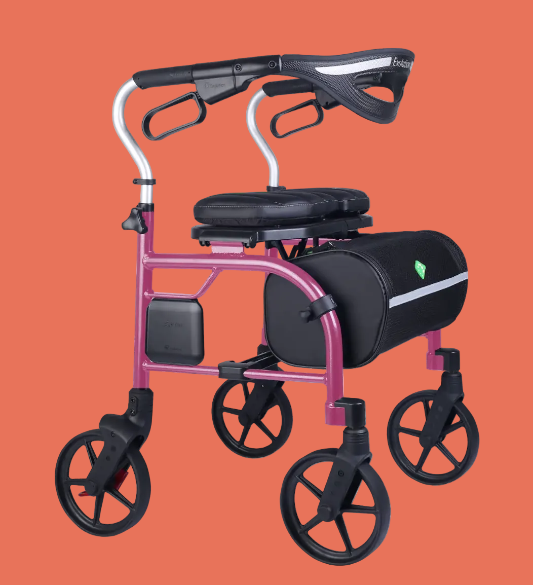 A pink and black rolling walker with a seat, armrests, and a side storage bag, shown on a white background.