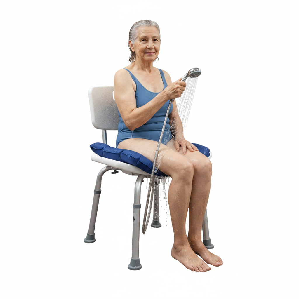 Adjustable bath chair with supportive backrest for safe showering.