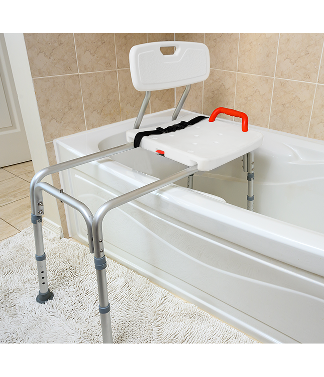 Adjustable sliding bath transfer bench with supportive seat and backrest.