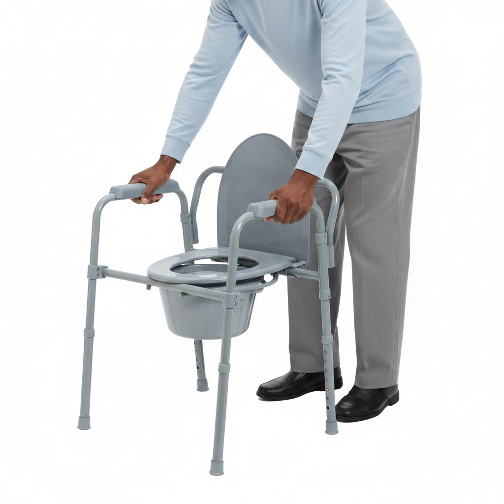 Gray commode chair with adjustable legs on a white background