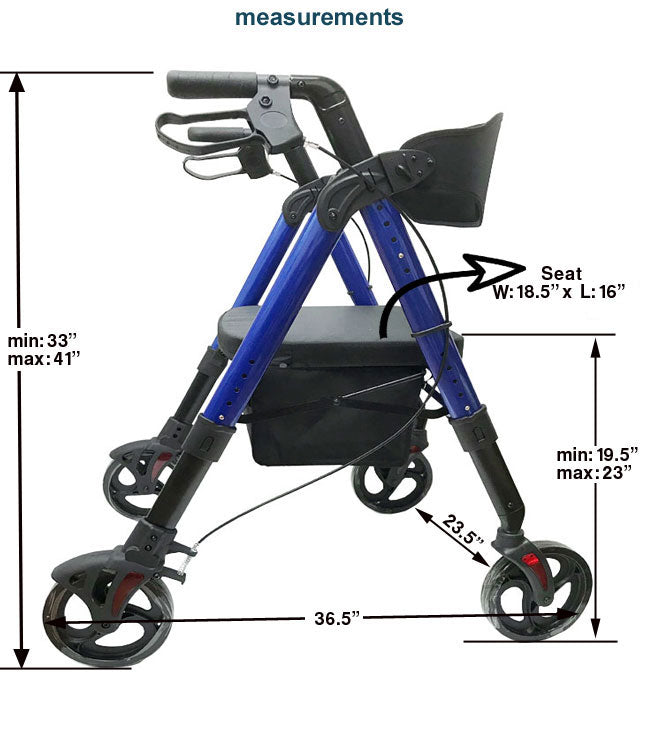 Aluminum Folding Bariatric Rollator Size Chart and Measurements