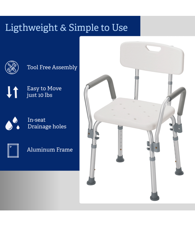 Bath Chair with Back and Arms - Lightweight Design Features