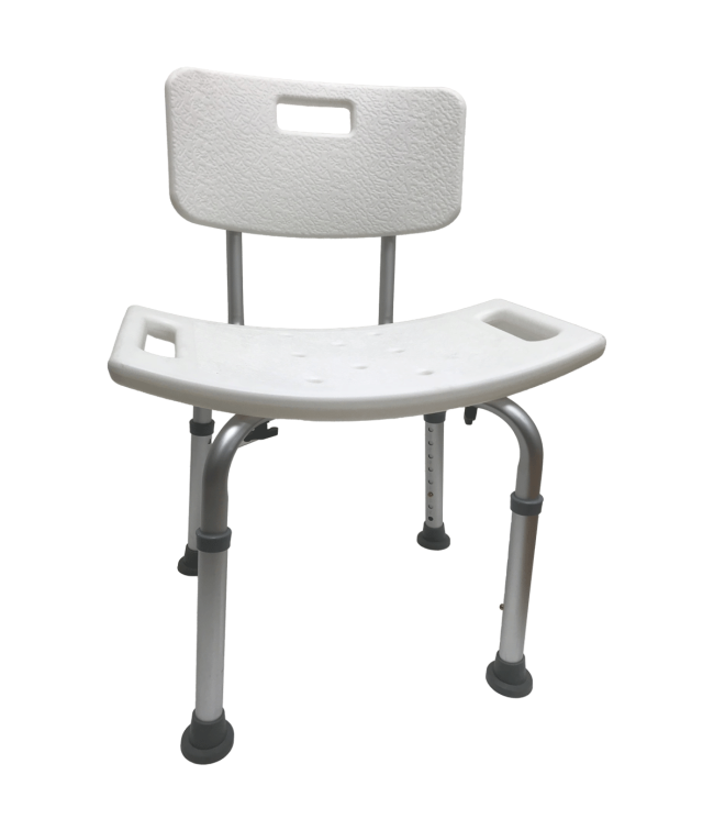 Bathroom safety chair with backrest and non-slip legs for added stability.