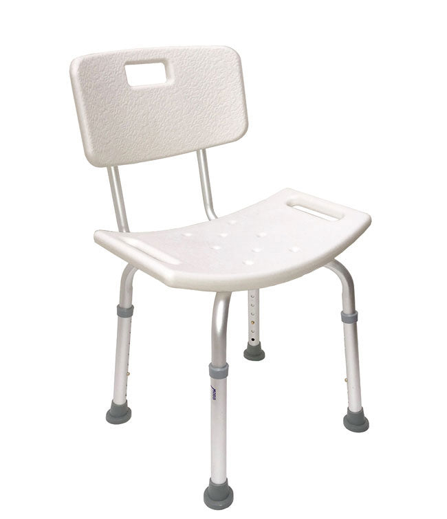 Bath chair with back rest, side view showing height adjustable legs
