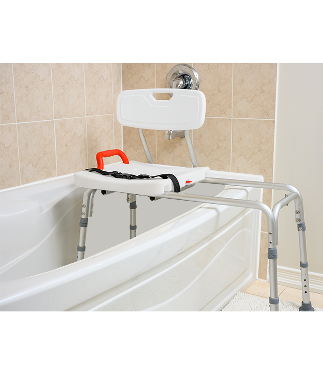 Sliding transfer bench providing stability and independence during bathtub transfers.
