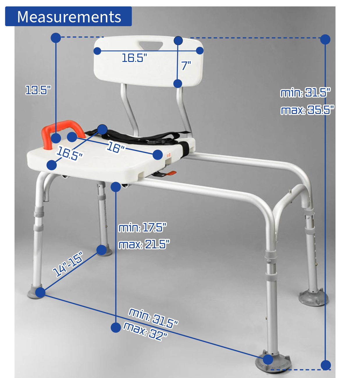 Sliding bath transfer bench dimension diagram with seat height and width measurements