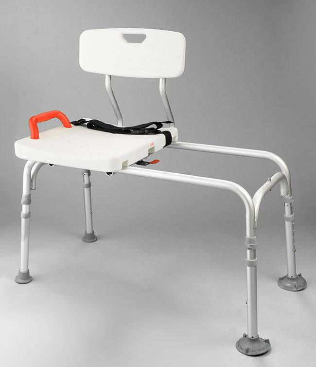 Bathtub transfer bench featuring a sliding seat for safer bathroom access.