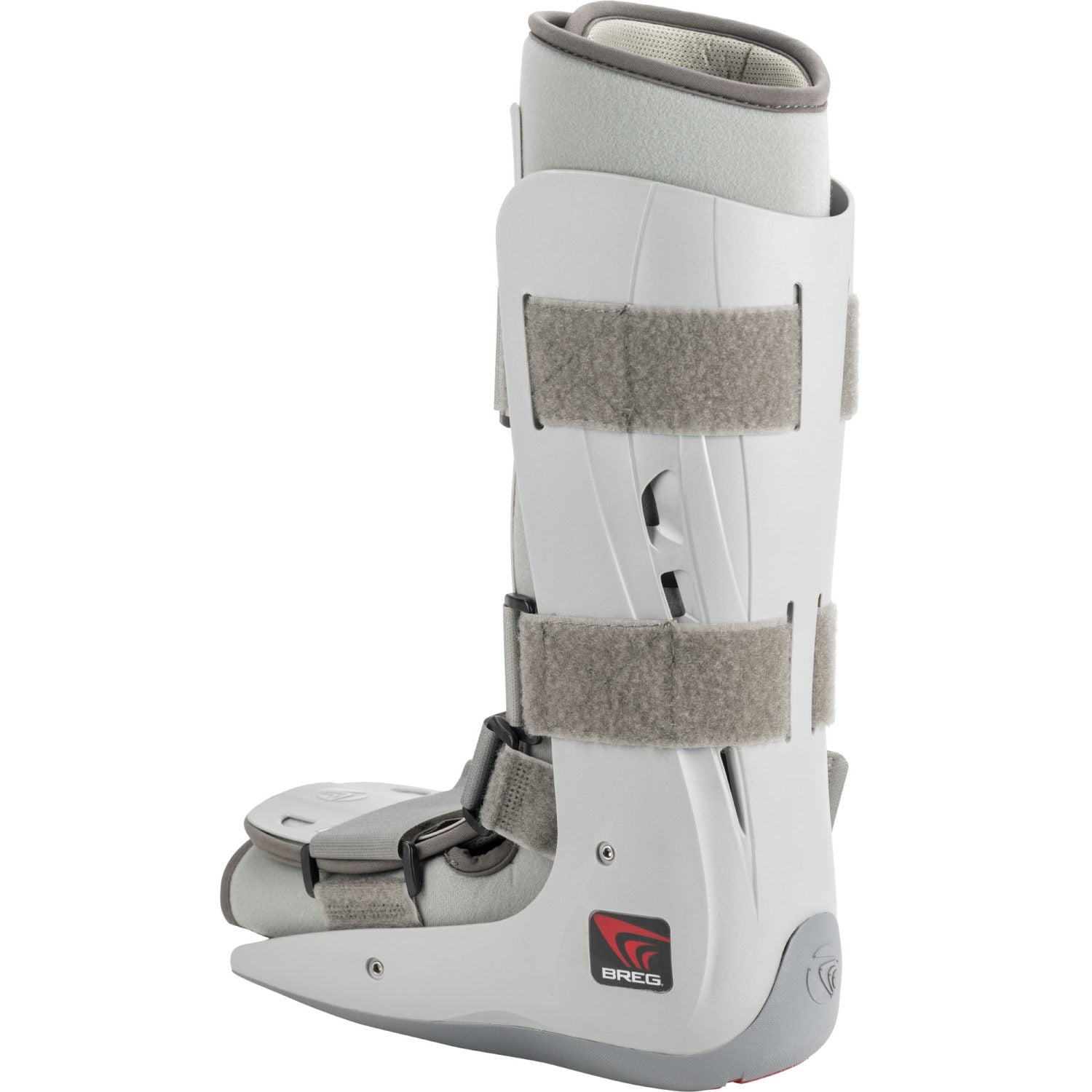 Breg Genesis Full Shell Pneumatic Walking Boot in white and grey, shown from the side, featuring dual air chambers and scalloped no-slip tread