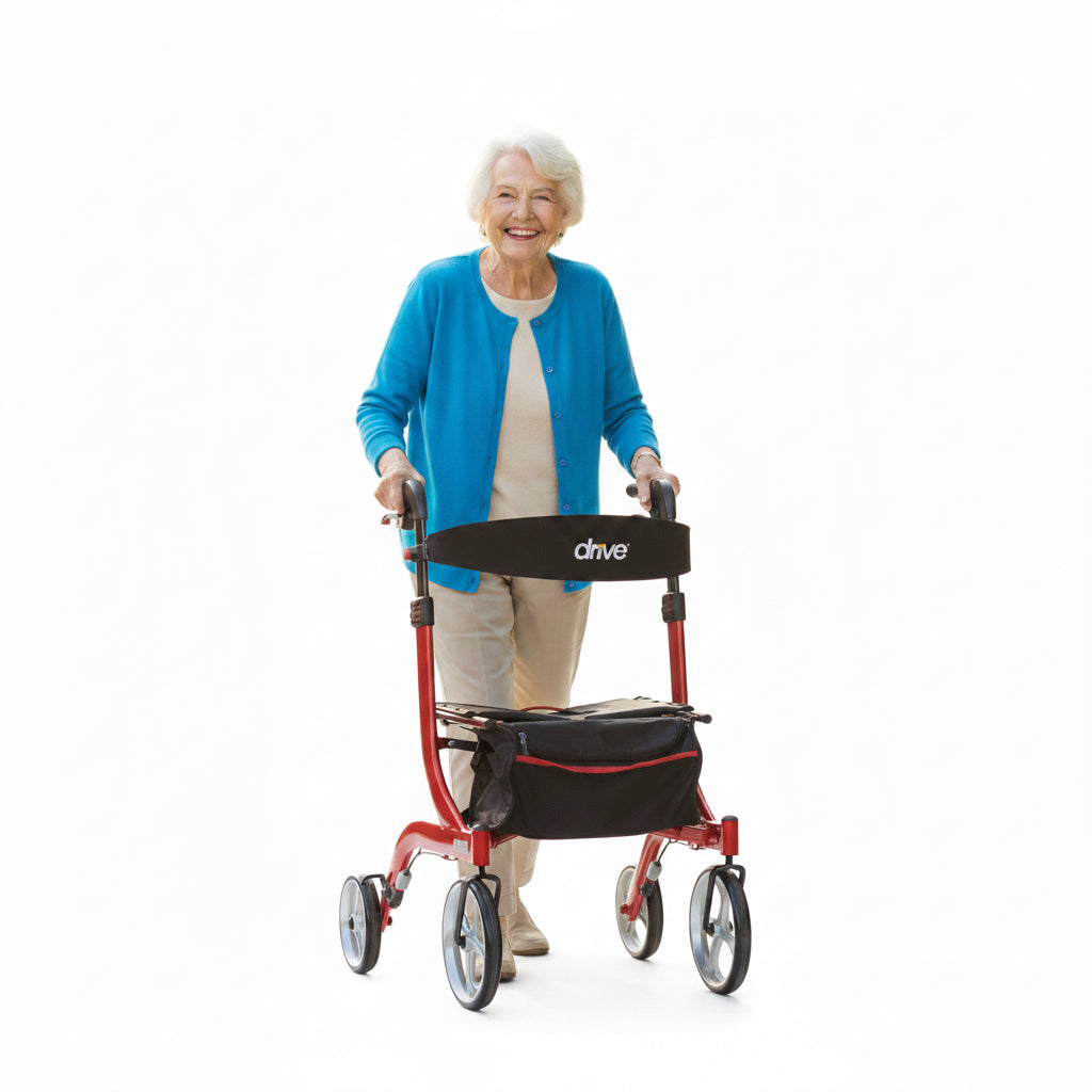Red and black rollator with 'Drive' branding on a white background