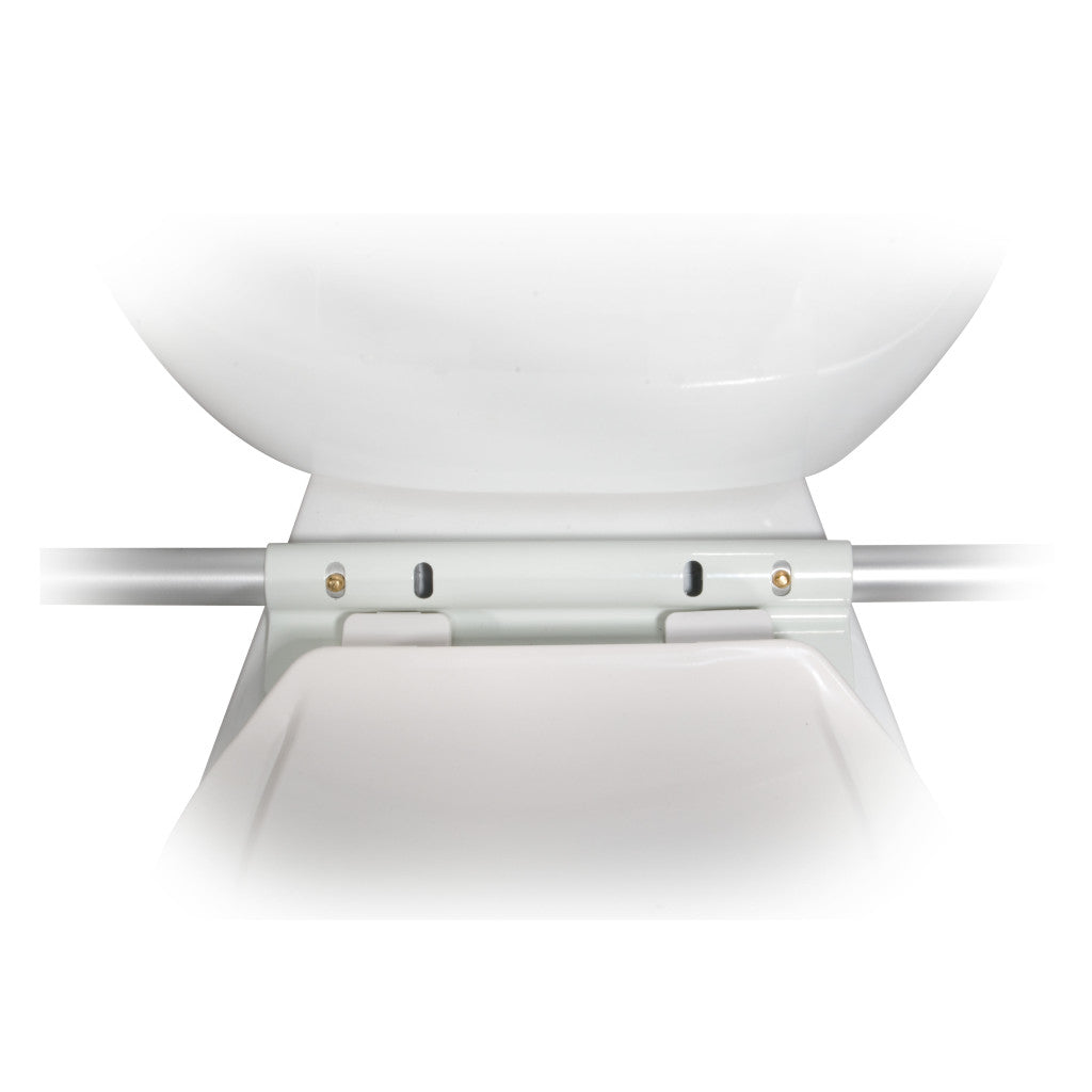 Close-up of Drive toilet safety rail mounting bracket clamping under toilet bowl for secure no-tool installation