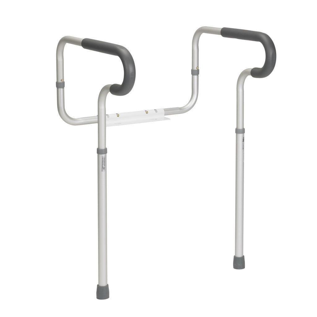 Drive toilet safety rail full aluminum frame with dual padded grab handles, adjustable floor legs, and centre mounting bracket