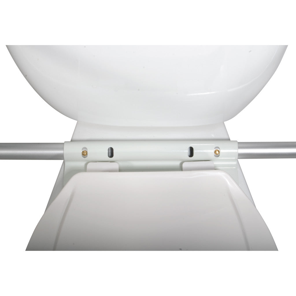 Close-up of Drive toilet safety rail mounting bracket clamping under toilet bowl for secure no-tool installation