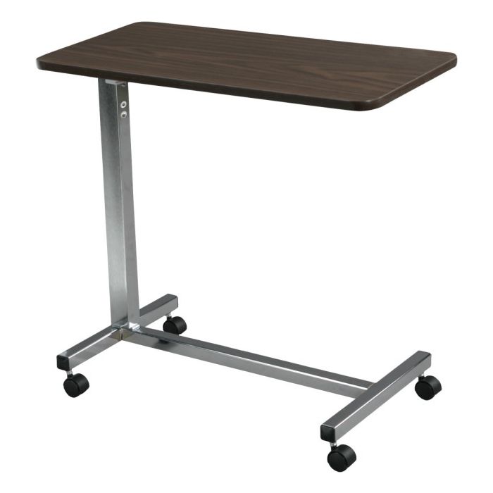 Drive non-tilt overbed table with espresso wood top and chrome rolling base