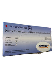 Box of Stevens Nitrile Exam Gloves on a cardboard surface with warehouse background