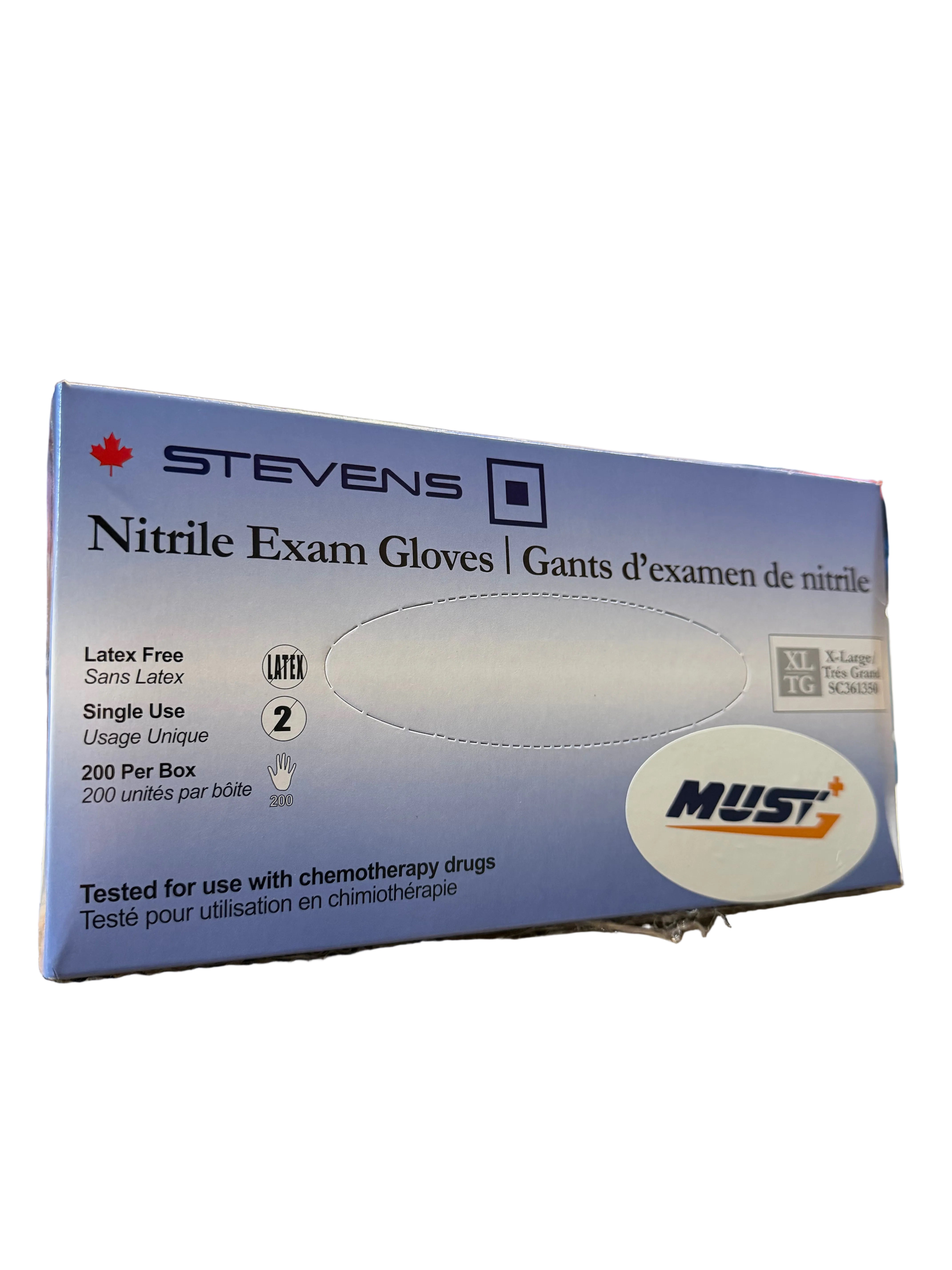 Box of Stevens Nitrile Exam Gloves on a cardboard surface with warehouse background