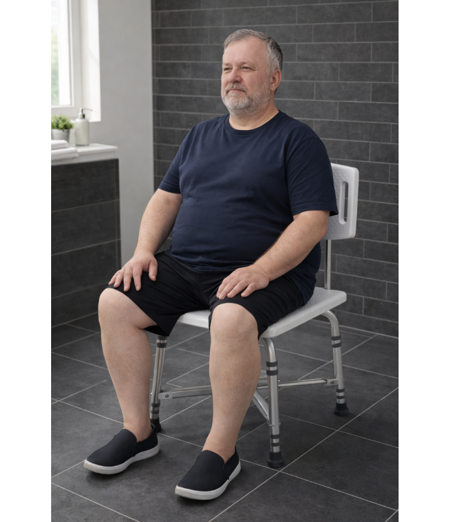 Heavy Duty Bath Chair with Back with Person Seated in Bathroom