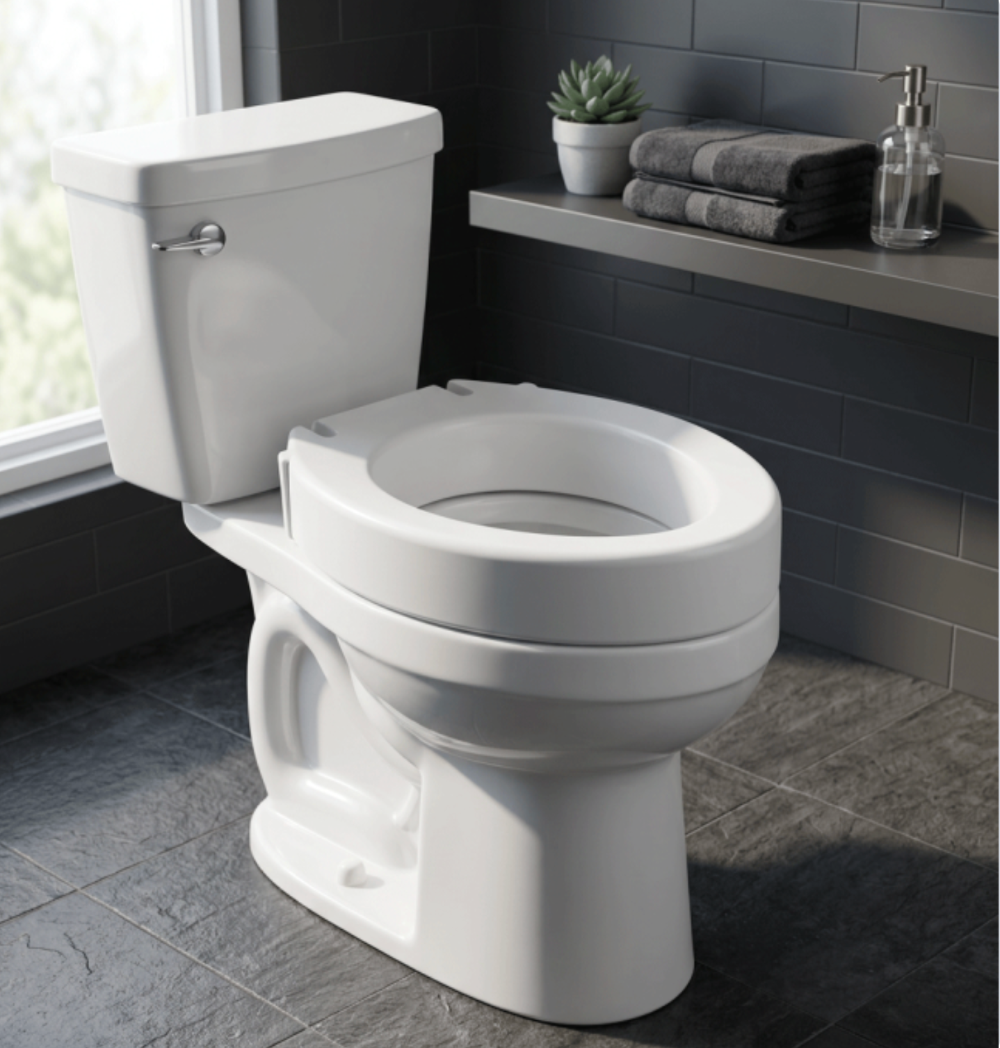 Hinged 4" Raised Toilet Seat, Round, Installed on Toilet