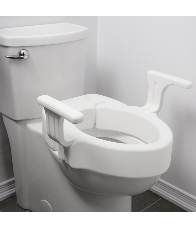 Hinged 4" Raised Toilet Seat with Arms, Installed on Toilet