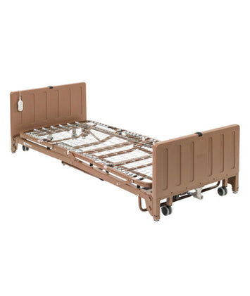 Drive full electric low-height hospital bed shown flat with side rails and adjustable head and foot sections for home care