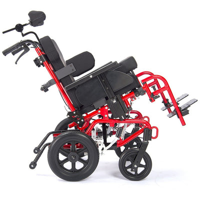 A red and black electric wheelchair shown from a side profile view on a clean white background.