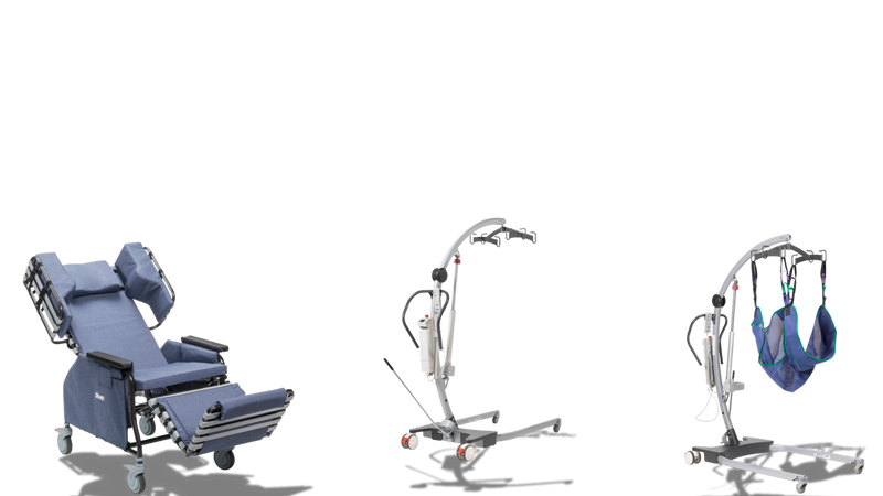 Three medical mobility devices shown on a plain white background: a blue adjustable hospital bed on the left, a silver lift chair in the center, and a blue hanging bed sling with a silver lift frame on the right.