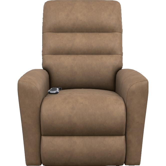 A brown upholstered recliner chair with padded armrests and a small remote control resting on the seat, shown against a plain white background.