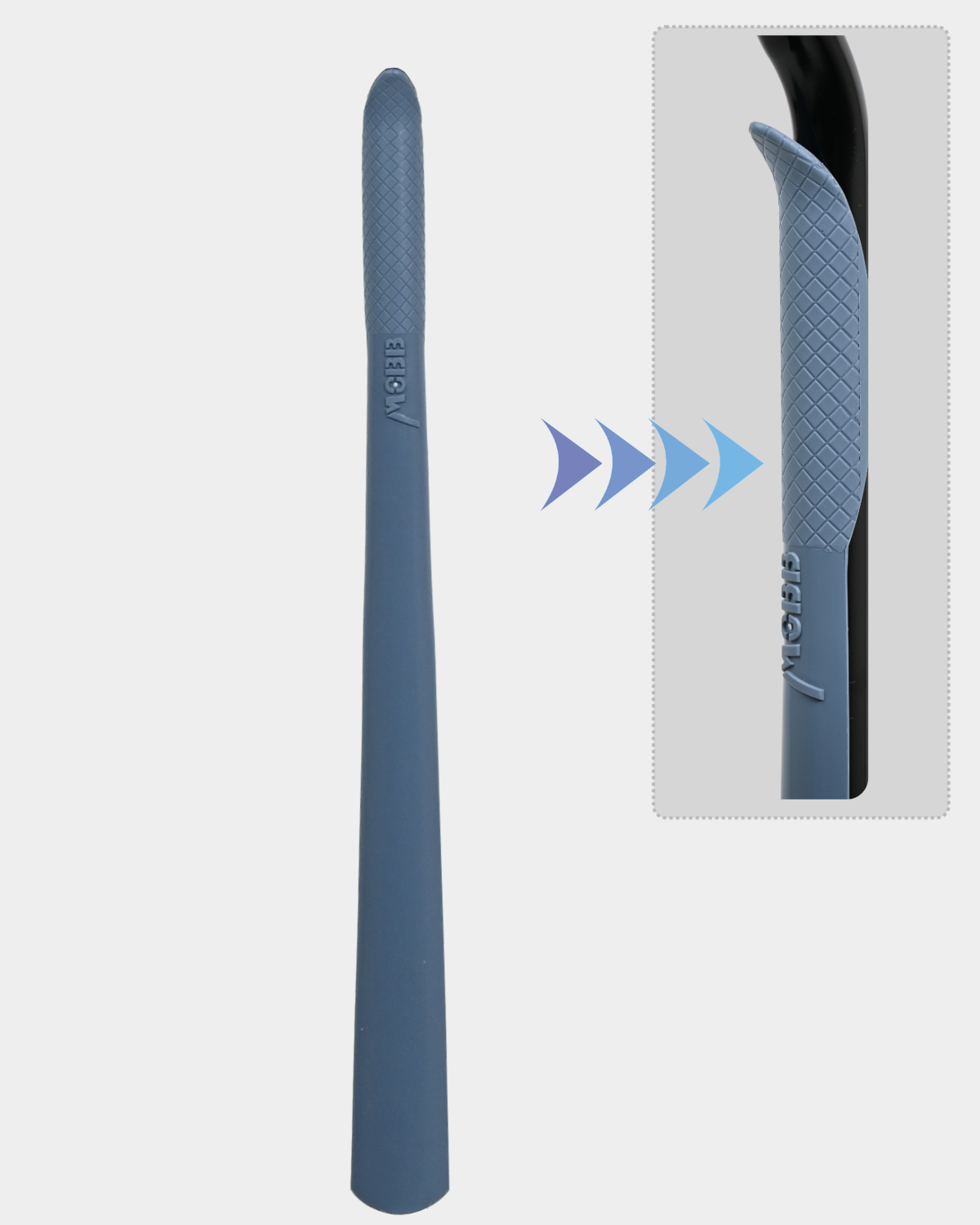 Long-handle shoehorn helping seniors and individuals with limited mobility put on shoes independently.