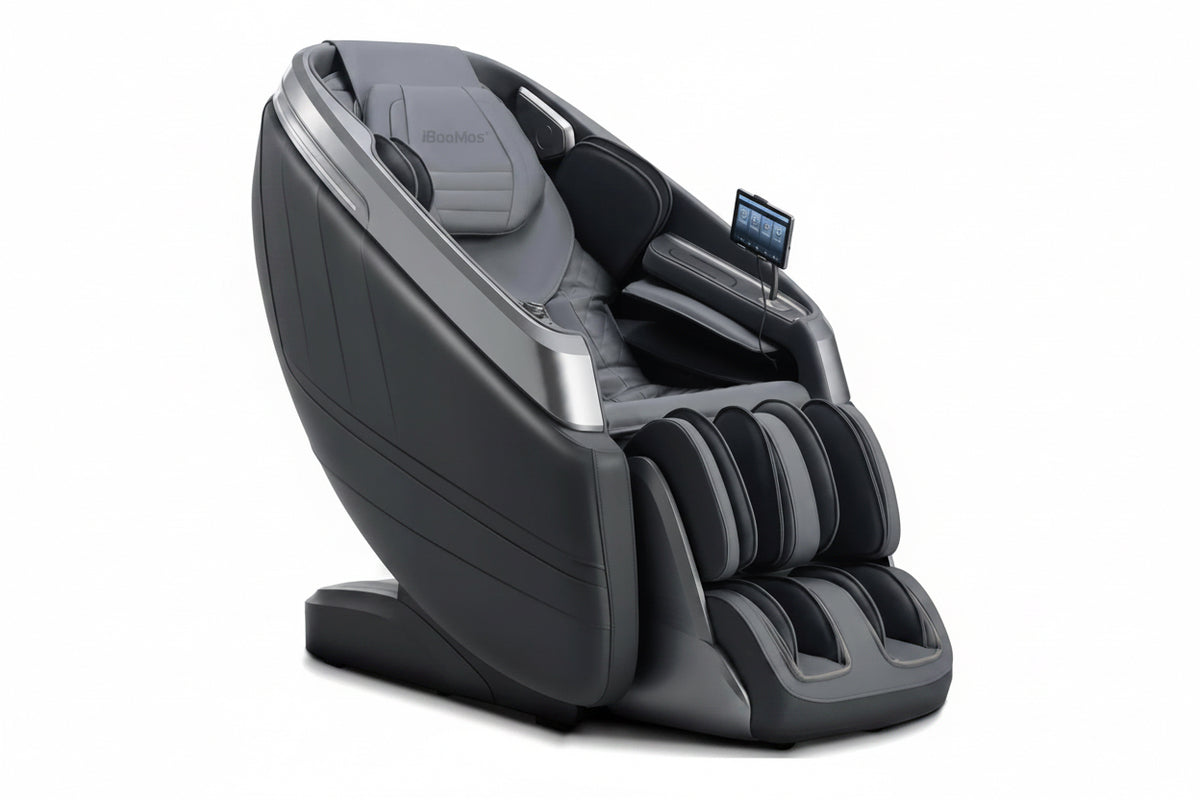 4D zero gravity full body massage chair in grey, reclined with the footrest extended