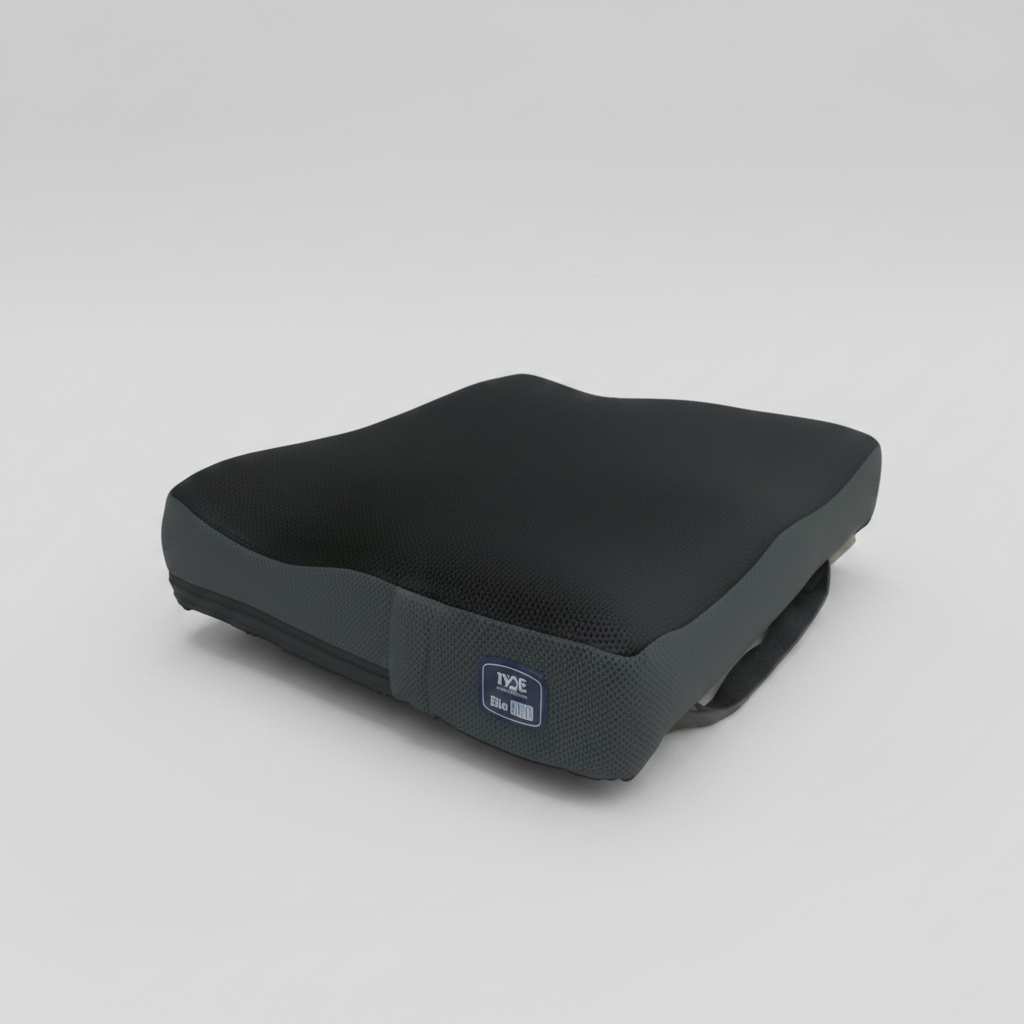 A black ergonomic lumbar support seat cushion with a small blue and white logo badge on the side, shown on a plain white background.
