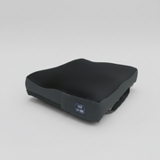 A black ergonomic lumbar support seat cushion with a small blue and white logo badge on the side, shown on a plain white background.