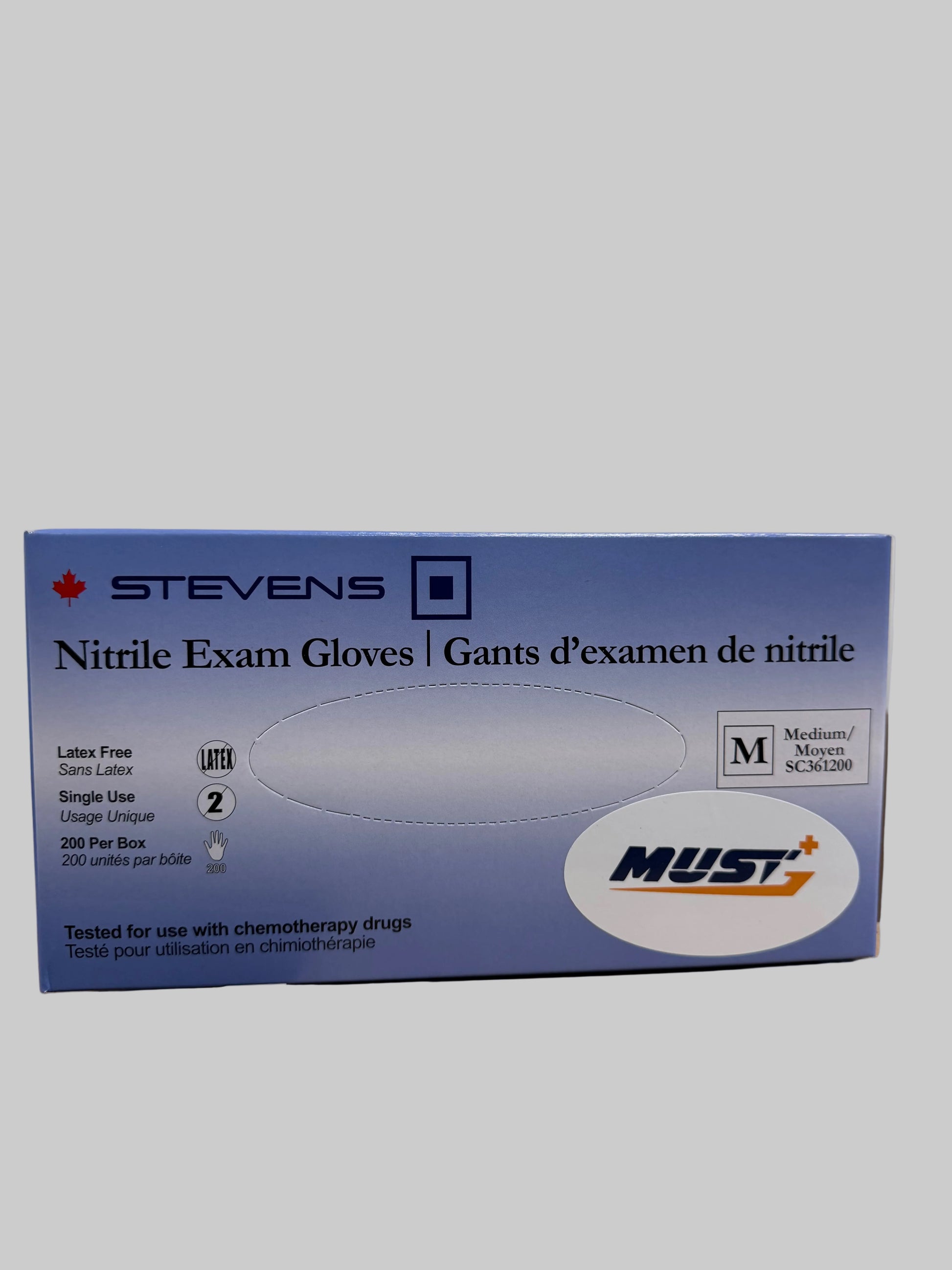 Box of Stevens nitrile exam gloves on a cardboard surface