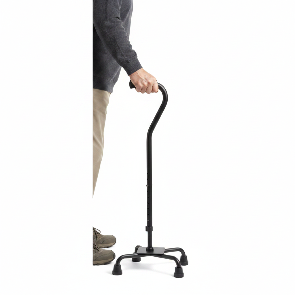 Quad Cane Large Base Black with Person Using Cane