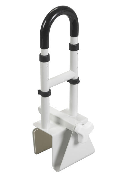 ADJUSTABLE CLAMP-ON TUB RAIL Drive Medical Adjustable Bathtub Grab Bar & Safety Rail, White, Tub Assist Handle for Bathroom Safety