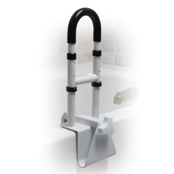 ADJUSTABLE CLAMP-ON TUB RAIL Drive Medical Adjustable Bathtub Grab Bar & Safety Rail, White, Tub Assist Handle for Bathroom Safety