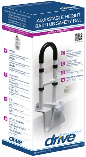 ADJUSTABLE CLAMP-ON TUB RAIL Drive Medical Adjustable Bathtub Grab Bar & Safety Rail, White, Tub Assist Handle for Bathroom Safety