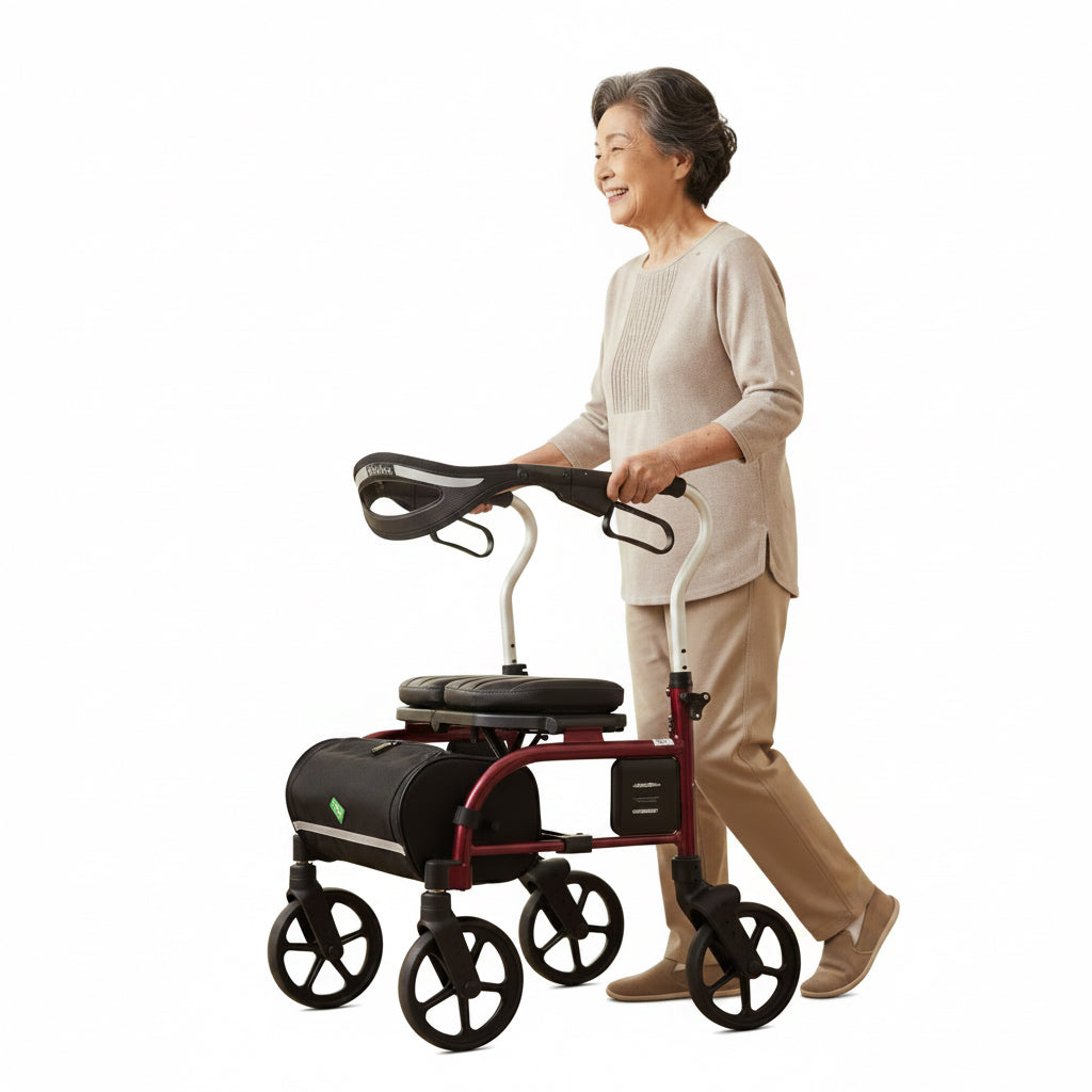 Winnie Trillium 4-wheel rollator walker in Shiraz Red with padded seat, loop-lock brakes and under-seat storage bag